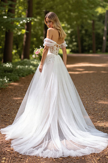 Off The Shoulder Corset Ivory Wedding Dress with Slit